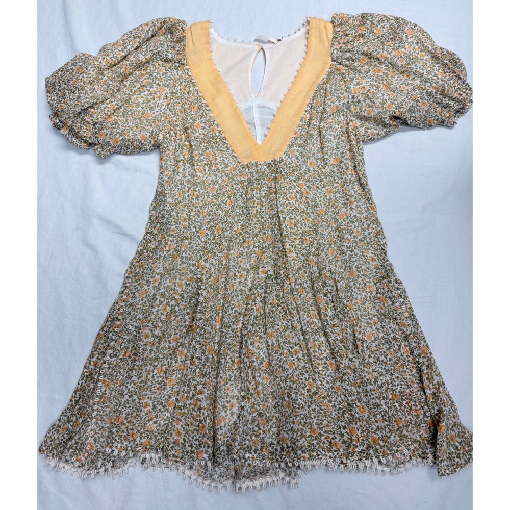 Free People Floral Puff Sleeve Mini Dress Green Orange Boho XS OB2071053